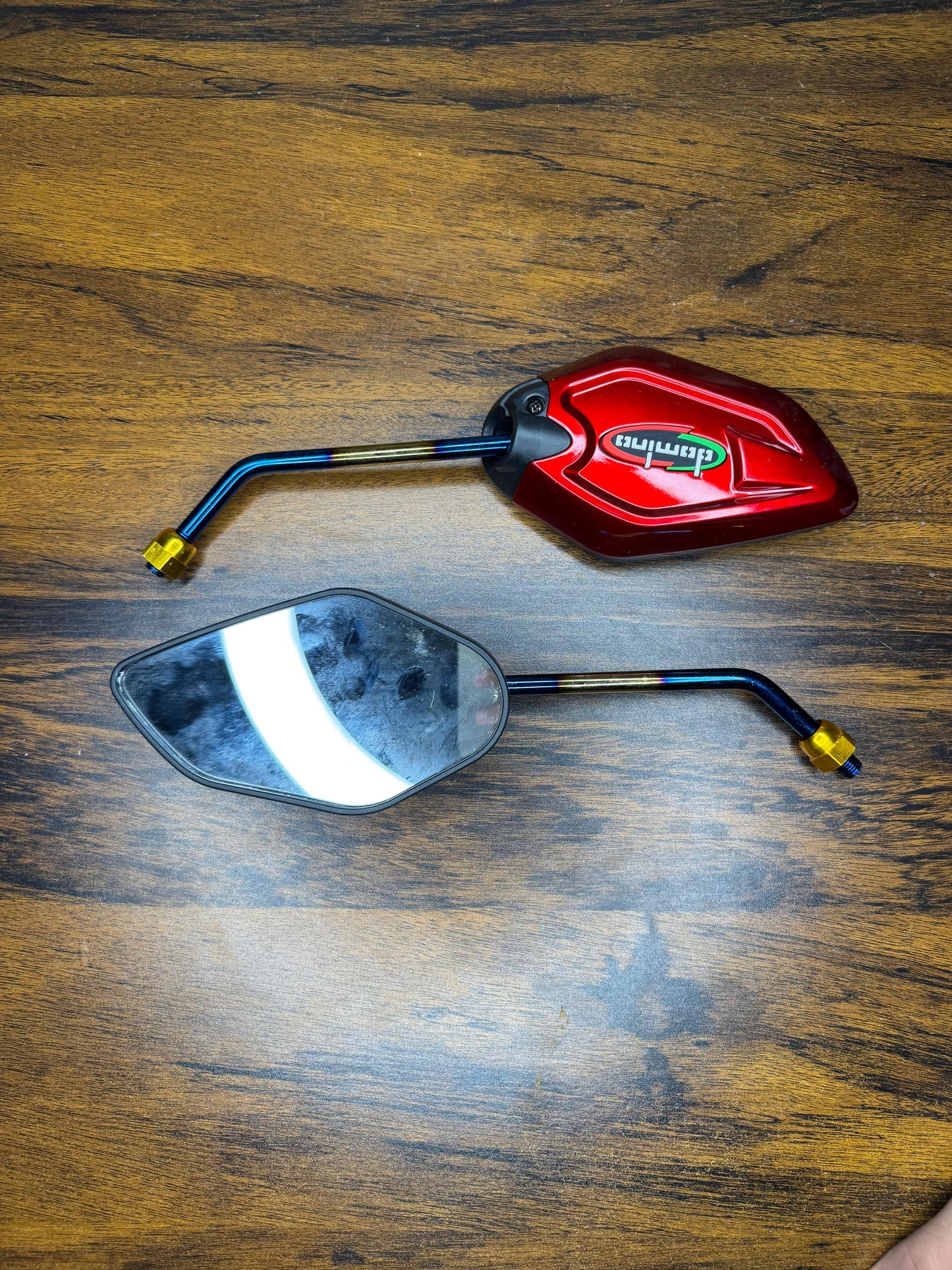 Domino Universal Motorcycle Side Mirrors – Red CNC Aluminum with Burnt Titanium Stem (Pair)