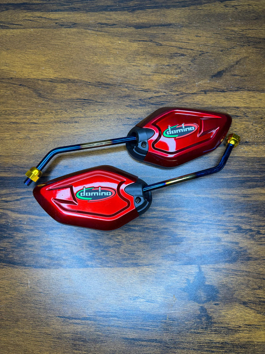 Domino Universal Motorcycle Side Mirrors – Red CNC Aluminum with Burnt Titanium Stem (Pair)